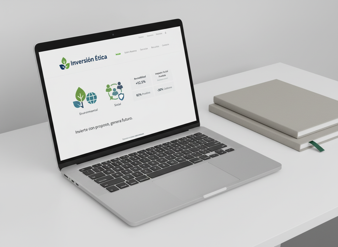 A clean, modern homepage mockup on a laptop screen, showing the "Inversión Ética" logo, a simple navigation bar, and a hero section with ESG icons and concise metrics blocks. The laptop has a brushed aluminum body and sits on a white desk with straight, uncluttered lines. Beside it, neatly stacked neutral-gray folders and a subtle green bookmark hint at sustainability. Natural overcast light washes in from the left, producing soft, even illumination and minimal shadows. Captured from a slightly elevated three-quarter angle with a rule-of-thirds composition, the photographic image feels structured, corporate, and meticulously organized, suggesting a reliable, data-driven ethical investing platform.