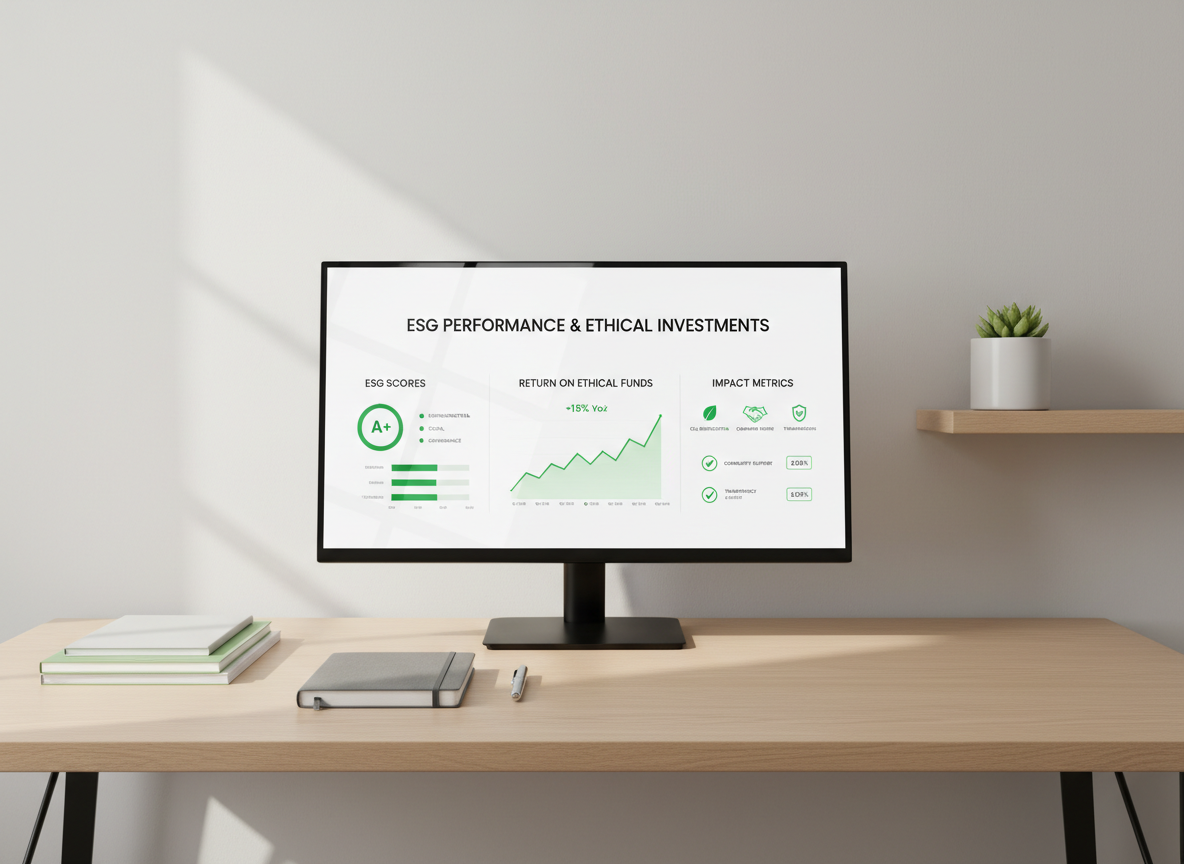 A sleek, minimalist workspace featuring a large, slim black monitor displaying a clean dashboard of ESG scores, green line charts, and ethical investing metrics on a white background. The screen rests on a light oak desk with perfectly aligned financial reports, a closed graphite-gray notebook, and a stainless steel pen. Neutral-toned walls and a single matte white planter with a small green plant add subtle color. Soft, diffused daylight enters from an unseen window, creating gentle reflections on the monitor and faint shadows under objects. Shot at eye level with photographic realism, sharp focus, and a balanced, symmetrical composition, the atmosphere is calm, analytical, and highly professional, reinforcing trust and clarity in ethical investment decisions.